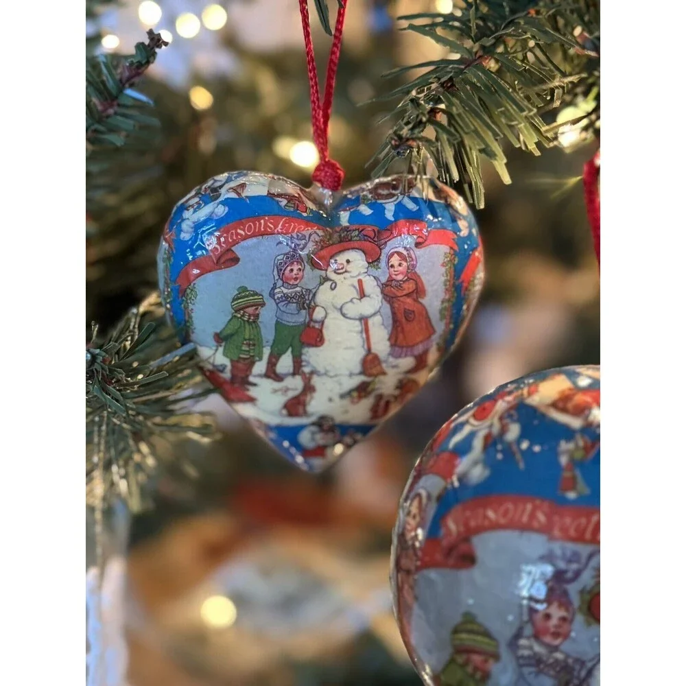 Two Vintage Lacquered Paper Mache Ornaments Christmas Snowman Red String